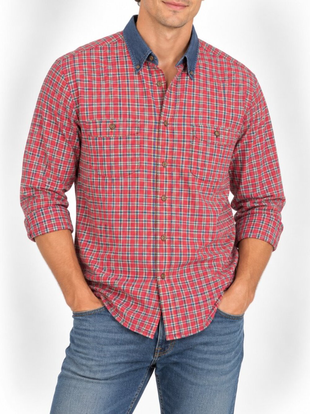 Pendleton Men's Red Plaid Button Down Shirt Denim Collar 100% Cotton M